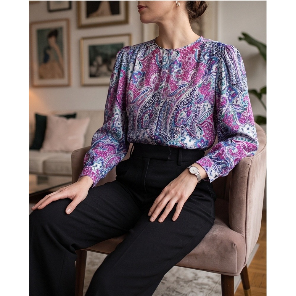 Vintage 2X/3X Tess Paris-Milano Paisley Blouse Pink Blue Shldr Pads *Missing Btn